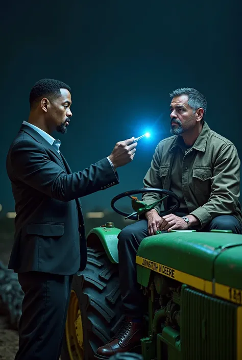 Will Smith using the neuralizer pen with blue flash on Farmer face on a John Deere tractor during the night 