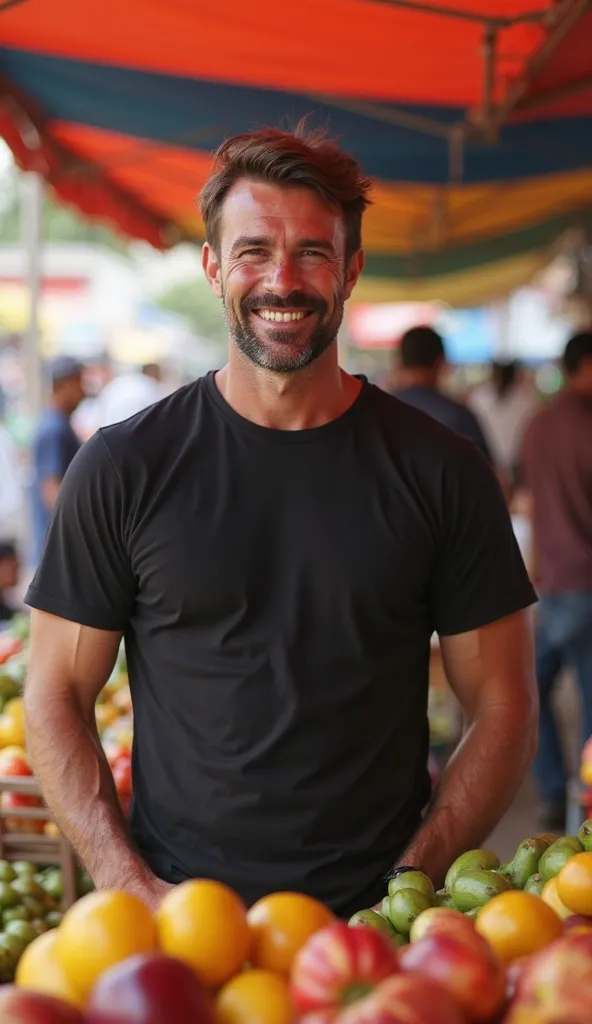 A middle-aged man with short brown hair and a beard wearing a basic black pima cotton t-shirt, comfortable and stylish, not tight. He is not wearing a cap. He is being photographed casually while choosing fruit at an outdoor market, with colorful stalls an...