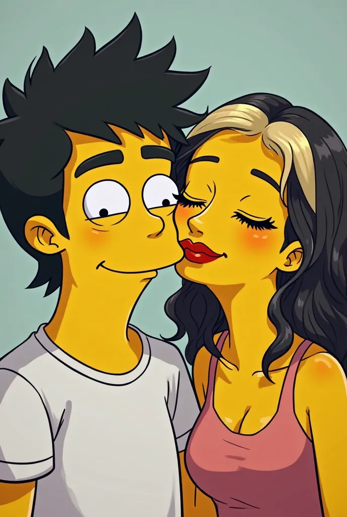 A Simpson-like poster of 2 boyfriends, The boyfriend has a thin face, long eyes and eyelashes, wavy and black hair and his girlfriend is Chaparra with slanted eyes blonde hair at the tips and dark above, taking a selfie and she kissing her on the cheek and...