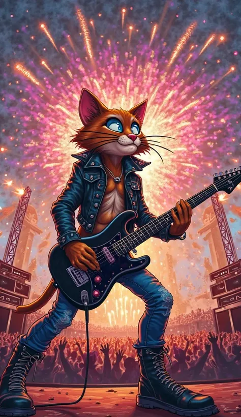 "A cartoon-style cat with a rockstar outfit, performing an epic guitar solo on a big concert stage with fireworks in the background."