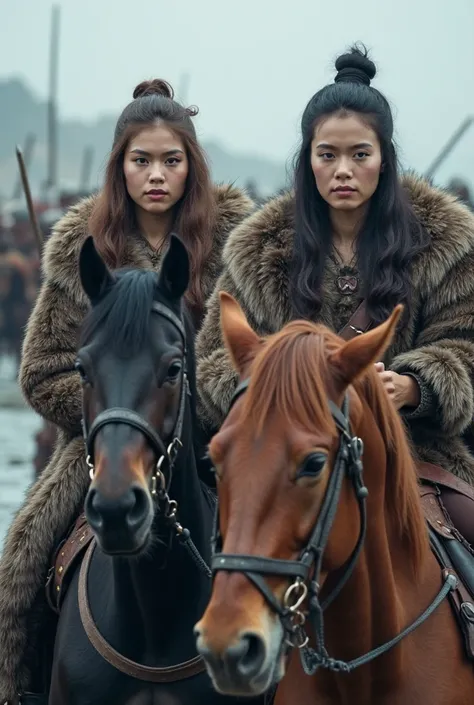 Two Asian Viking women in furs ride horses on water looking at the camera. One woman has brown hair, the second woman has black hair. Behind the women, you can see a Viking army on horseback. looks at the viewer, High resolution, Точность,  in detail, tape...