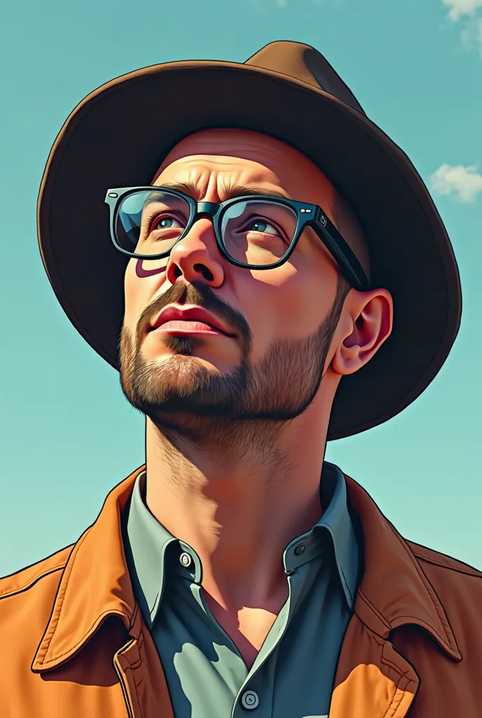 there is a man with glasses and a hat looking up, a character portrait inspired by Malcom Howie, instagram, neo-dada, as a character from gtav, gta character, in gta san andreas, as the protagonist of gta 5, gta, walter white in gta v, gta v character, gta...