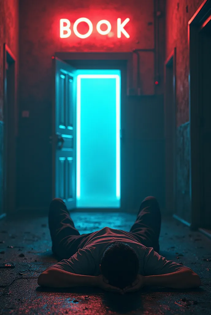 Middle Plane — The protagonist appears in this image,  on his back, in front of a door illuminated with a flashing neon sign. He seems to be deciding whether to enter.