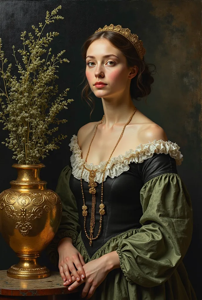 Woman in elegant old clothes, and fine algae, with a gold vase, baroque style, painting of old masters, great handle of clear-dark, HIGH CONTRAST, Rembrandt, dark black background ,