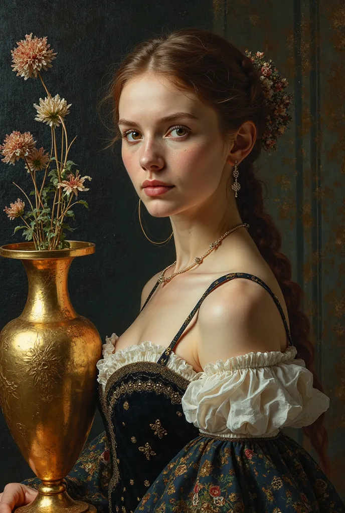 Woman in elegant old clothes, and fine algae, with a gold vase, baroque style, painting of old masters, great handle of clear-dark, HIGH CONTRAST, Rembrandt, dark black background ,