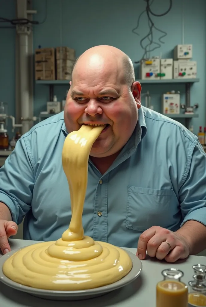 Create an image of a fat bald man in a blue shirt who is in a laboratory holding mayonnaise and a big tongue licking it and eating ren