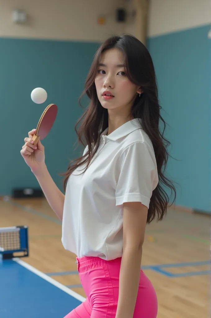 A Korean woman with long hair, white skin, wearing a white ping-pong sports shirt, a tight shirt, very large breasts, pink tight pants, is standing with a ping-pong table in a spacious gym.