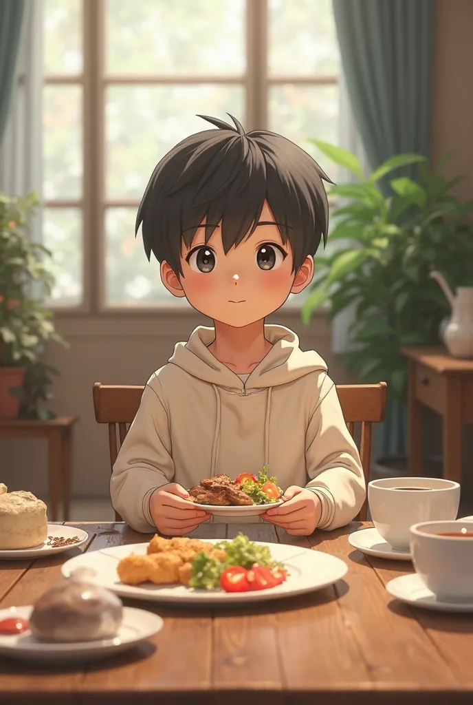 (photorealism:1.2), Anime, boy, sit down, while there is a table and food