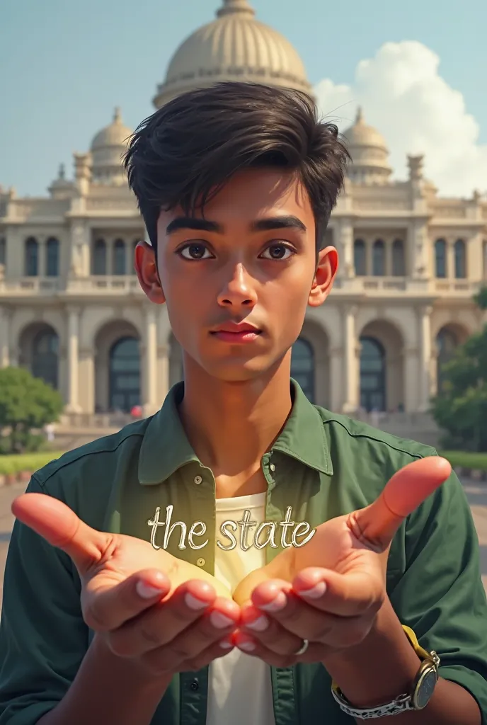 the bangladeshi boy handsome boy 18 year, right hand write "the state" and other left hand the "earth" background parliament building in bangladesh 