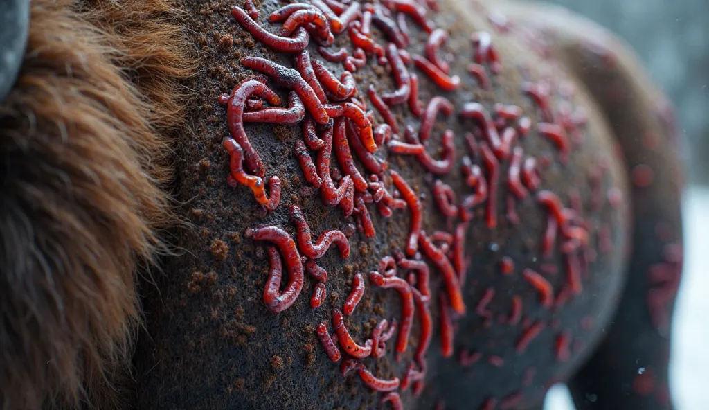 "Extreme close-up of the bison's side, revealing barnacles fused to its hide. Bloodworms and parasites wiggle through the cracks of its inflamed skin, while red-tinted ice forms along its fur. Each parasite appears grotesquely detailed, with translucent bo...