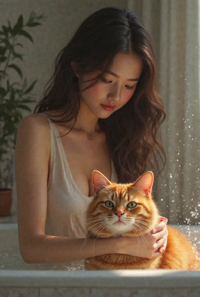 Make the realistic tall brunette woman with beautiful black hair bathing her fat realistic orange cat 