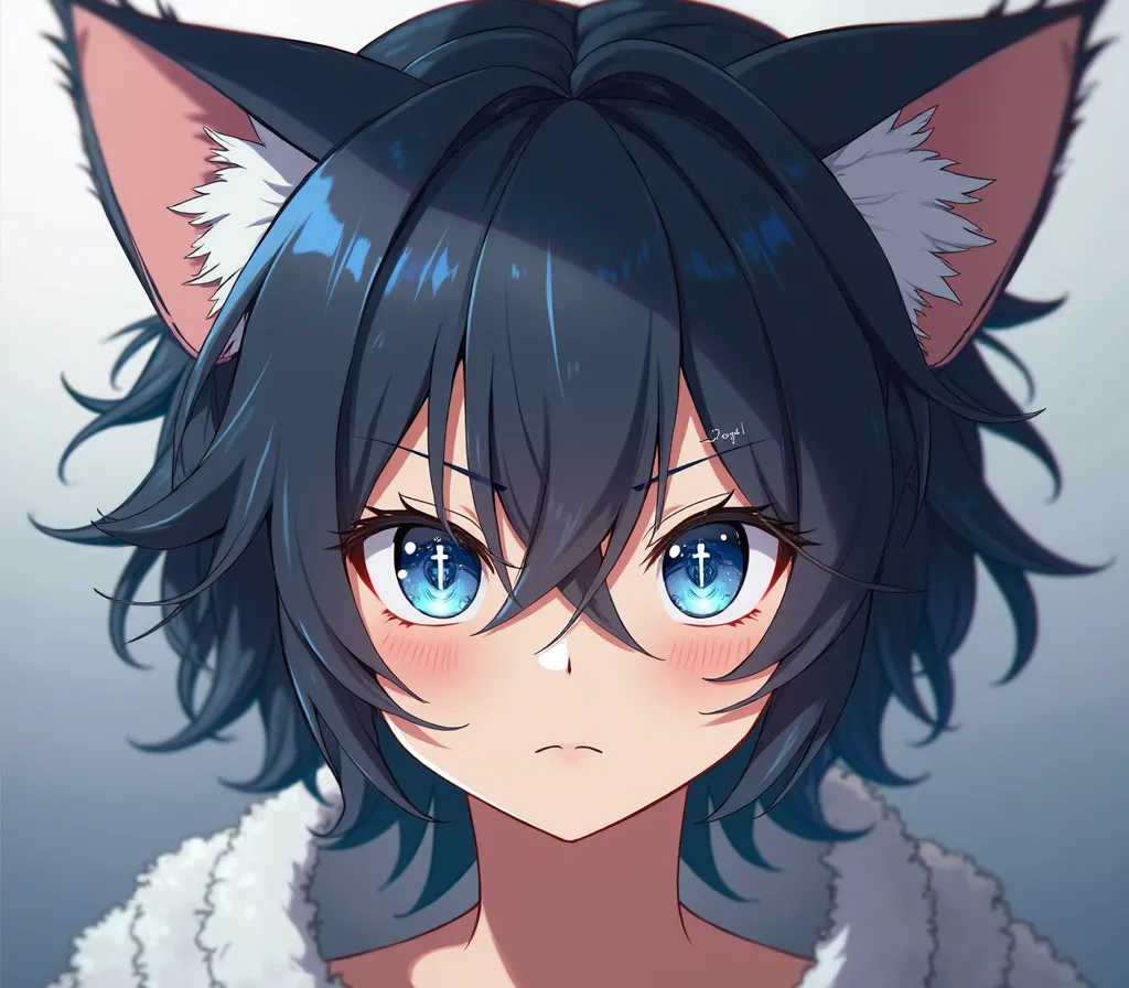 Male anime character with blue eyes with a cross on the pupil of the left eye with the ear of a chibe anime-style cat 