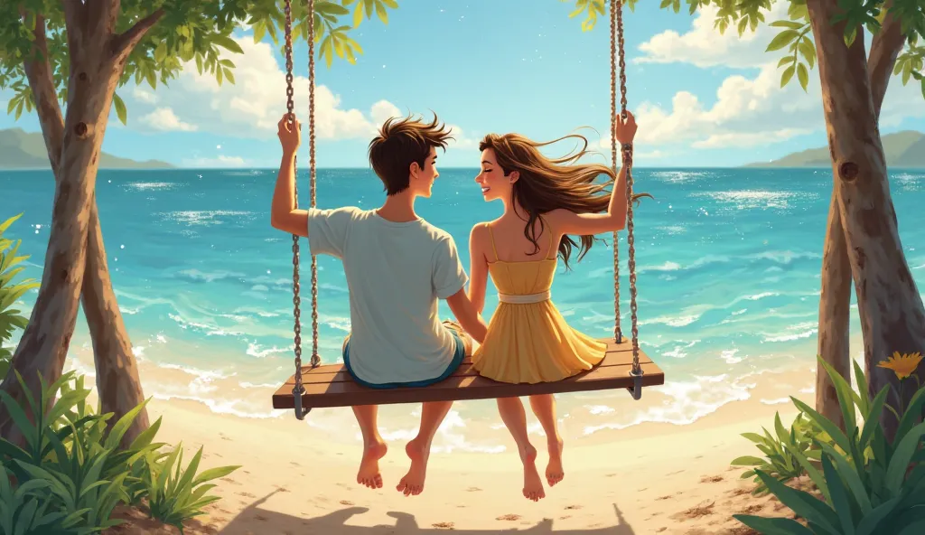 girl swings with a guy on a seafront swing