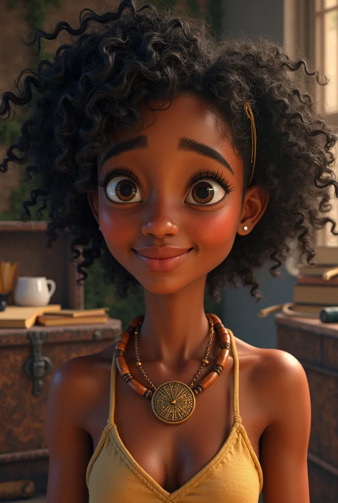 "A curly-haired black woman named Maya, with a curious and fearless look, exploring the attic of your home , surrounded by old books and maps , she sits in front of a chest with mosses looking alive , she holds a tribal necklace of wooden beads with a gold...