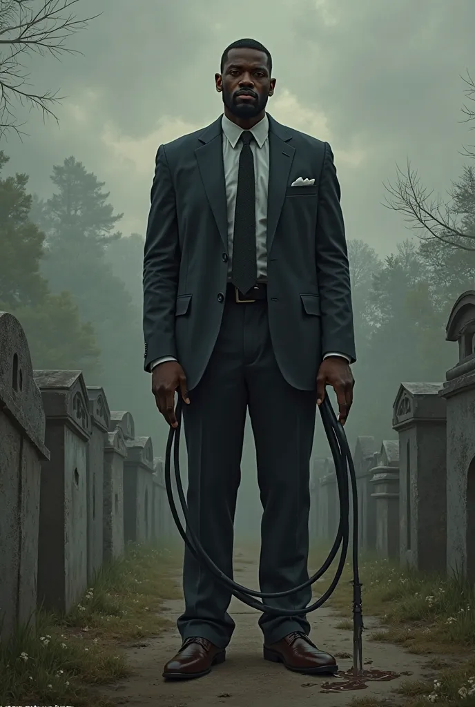 Create image of a black man with a hose dripping oil at a wake in the cemetery 