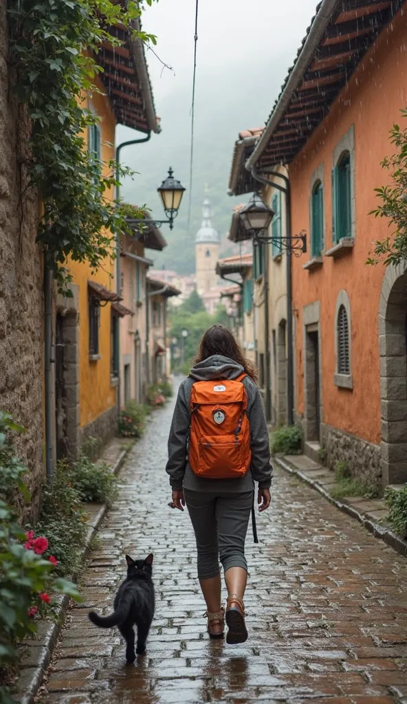 a Spanish town on the Camino de Santiago, in the afternoon. A cobblestone street with houses on the sides, similar to Molinaseca. A pretty woman, a pilgrim, with an orange backpack with a scallop on it with the symbol of the Knights of Santiago. The pilgri...