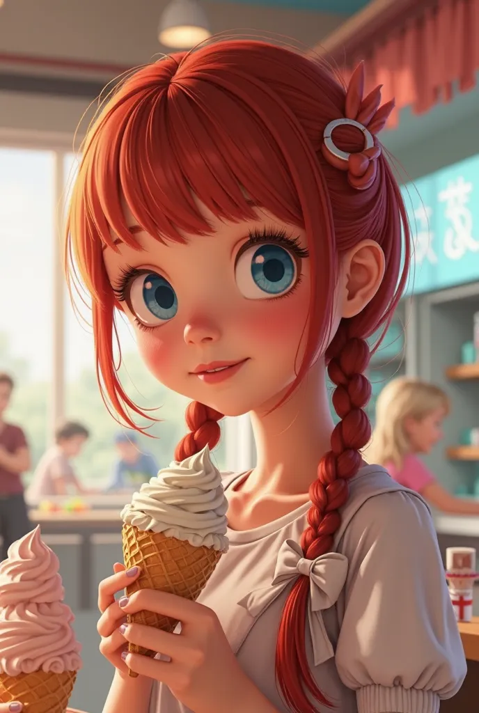 a beautiful  girl, red hair tied in two braids, bow with fringe, blue eyes,  red cheeks, a delicate and well-designed mouth, She's at an ice cream shop and she has other s eating ice cream too,  Pixar style