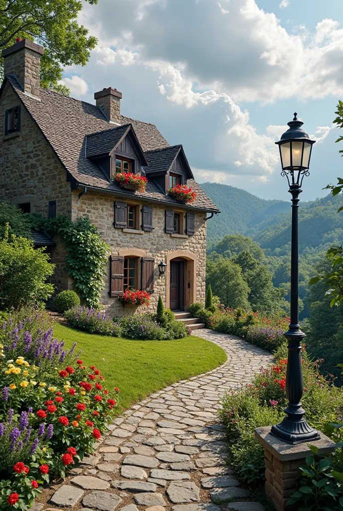 **"A charming European countryside cottage made of rustic stone, nestled on a lush green hillside. The house has a steeply pitched roof covered in dark shingles, with small dormer windows framed by dark wooden shutters. Bright flower boxes overflowing with...