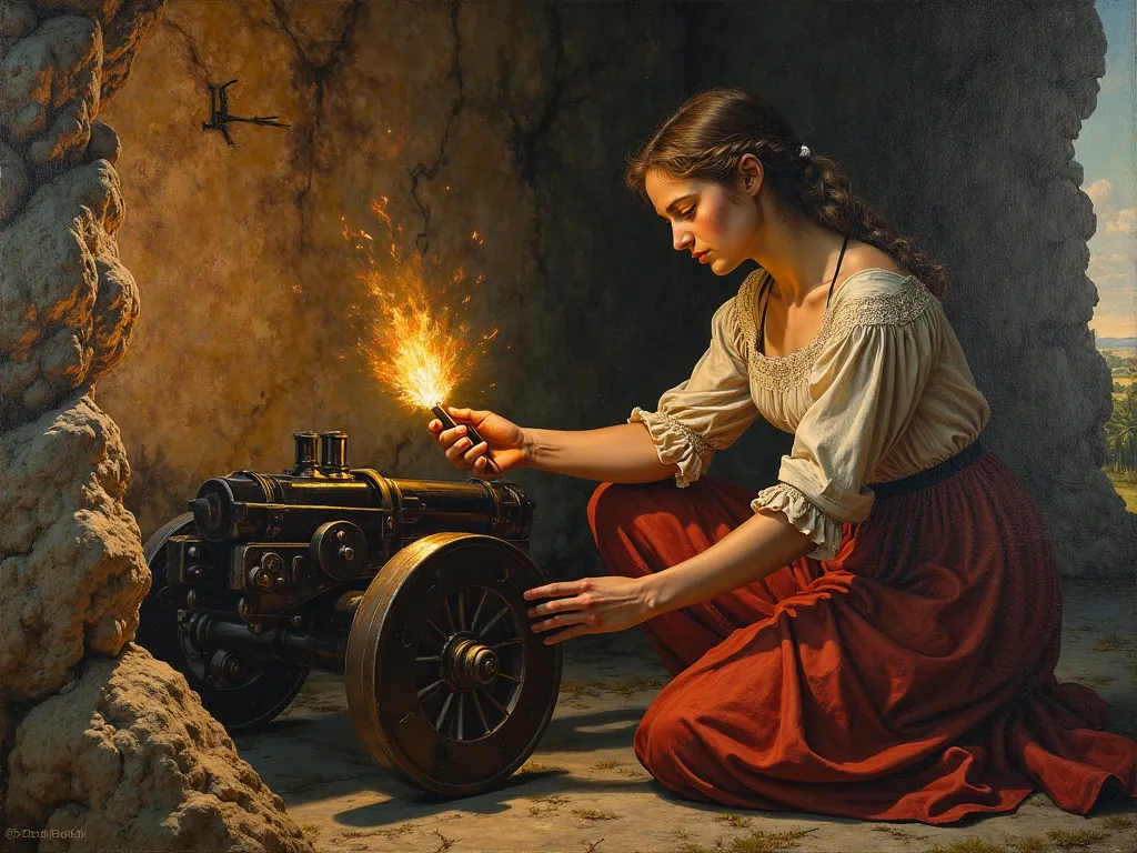 creates a painting in the style of the painter caravaggio of a young woman lighting the fuse of an artillery cannon, in a rock fortreriverss with a window showing a . 