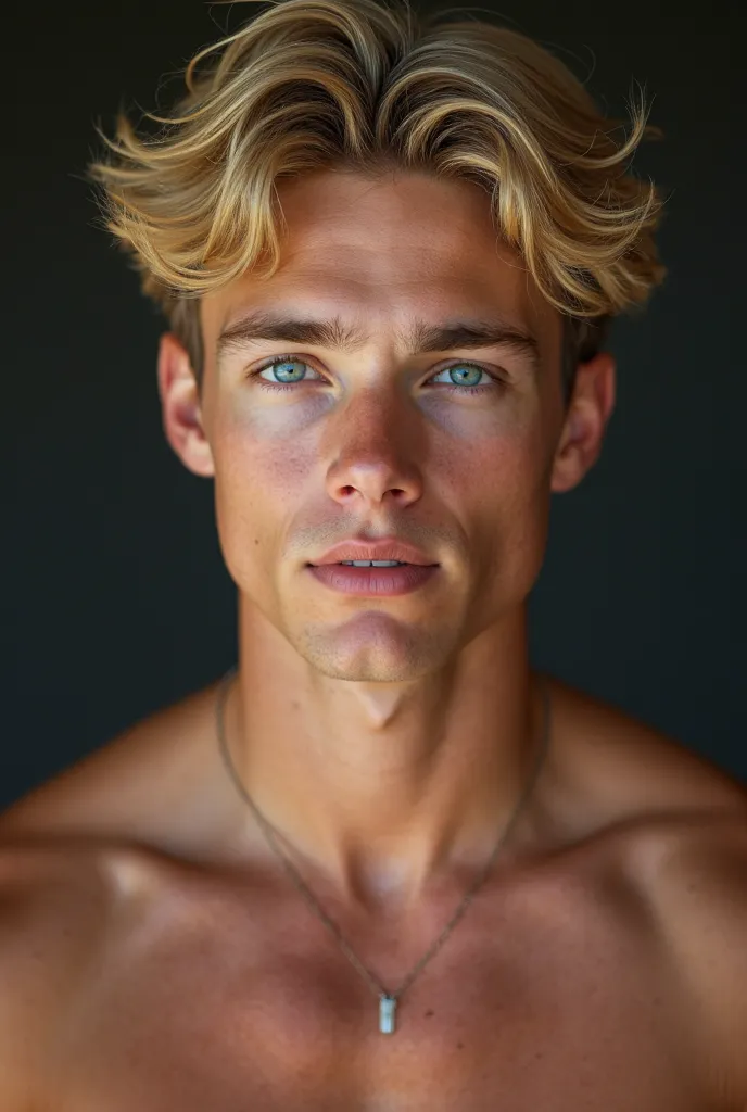 man, 19 years old, blonde,  White , Very blue eyes the color of the sea, full hair, beautiful, Muscular, blonde eyebrow , without a beard.