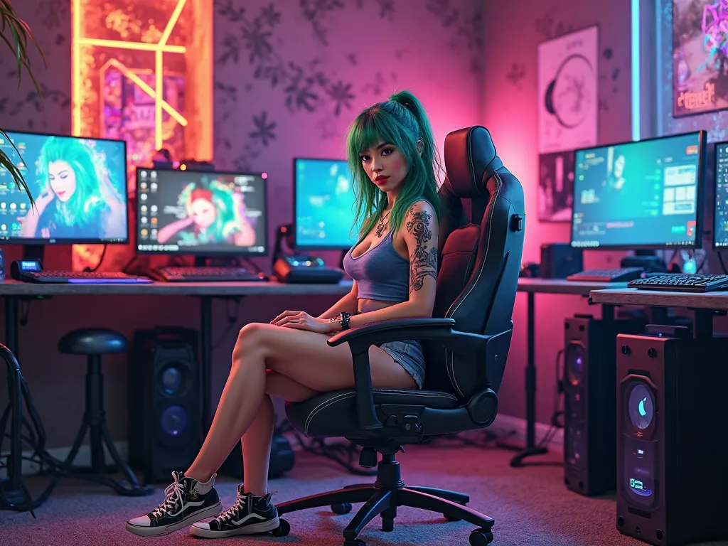 Modern gamer's playroom An attractive girl with makeup and green tattooed hair is sitting on a chair