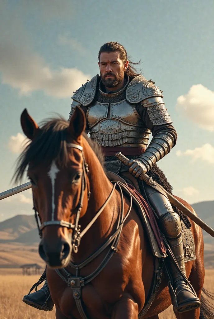 On a horse with a long sword draw a soldier in light armor 