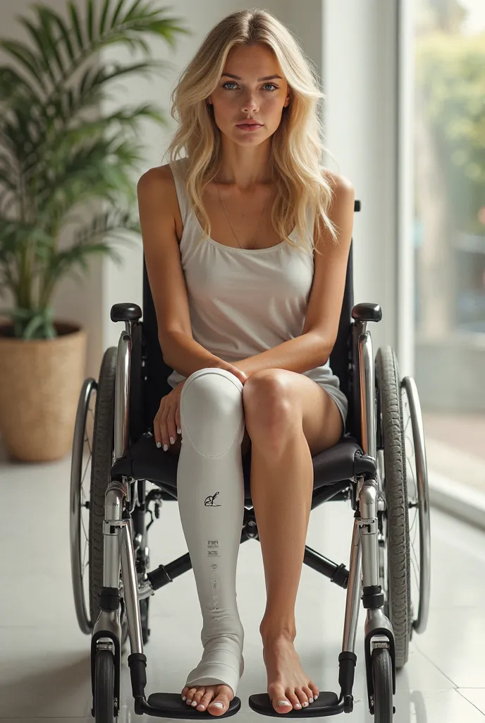 Blonde girl in a wheelchair with one leg in a cast 