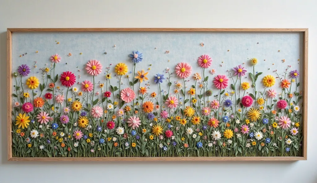 A horizontal, framed artwork depicting a field of meticulously embroidered flowers.  The flowers are various colors including pinks, yellows, purples, blues, and greens,  arranged in a dense grouping.  The flowers and foliage are meticulously detailed with...