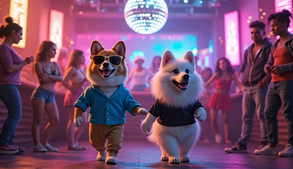 "The Corgi and White Samoyed step inside the disco club, greeted by a vibrant, energetic atmosphere. The disco ball spins overhead, casting colorful reflections across the dance floor. The Corgi in a blue shirt and beige pants adjusts his sunglasses confid...