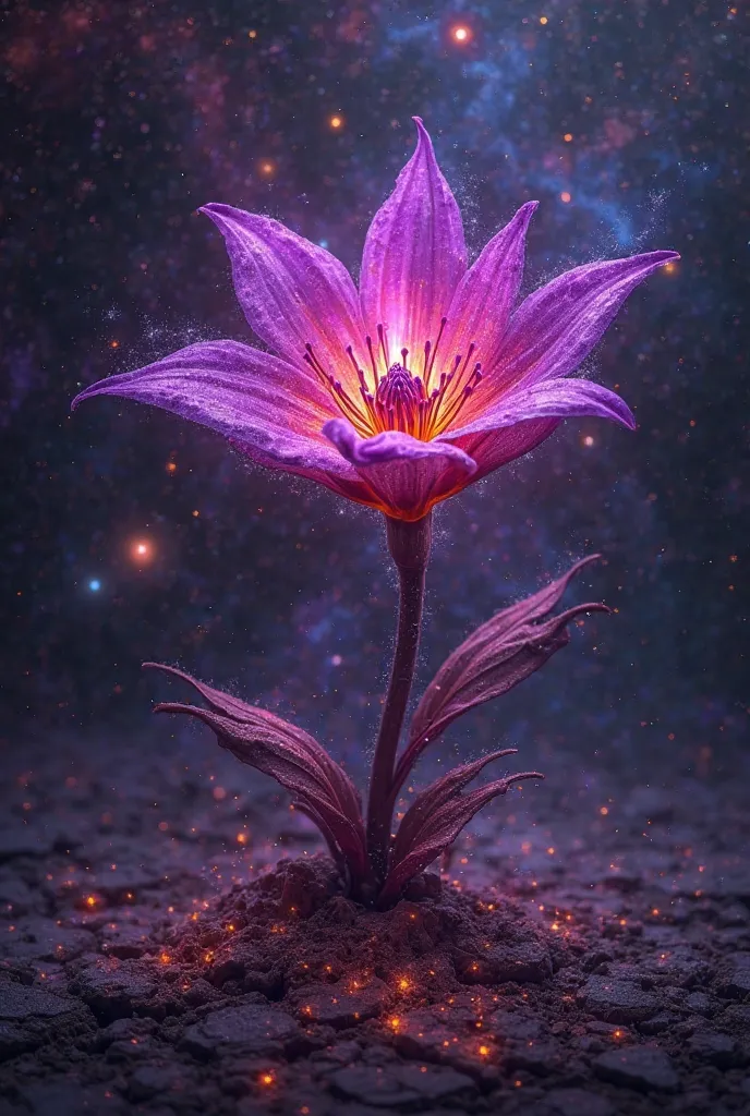 A dark yet inspiring tattoo design based on the phrase 'The universe brings a miracle.' The image features a glowing mystical flower with vibrant purple and deep crimson hues emerging from cracked cosmic ground, symbolizing hope and wonder. The petals radi...