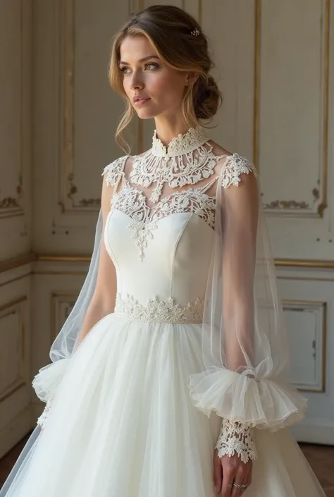 french guipure neckline sleeves tulle conservative wedding dress