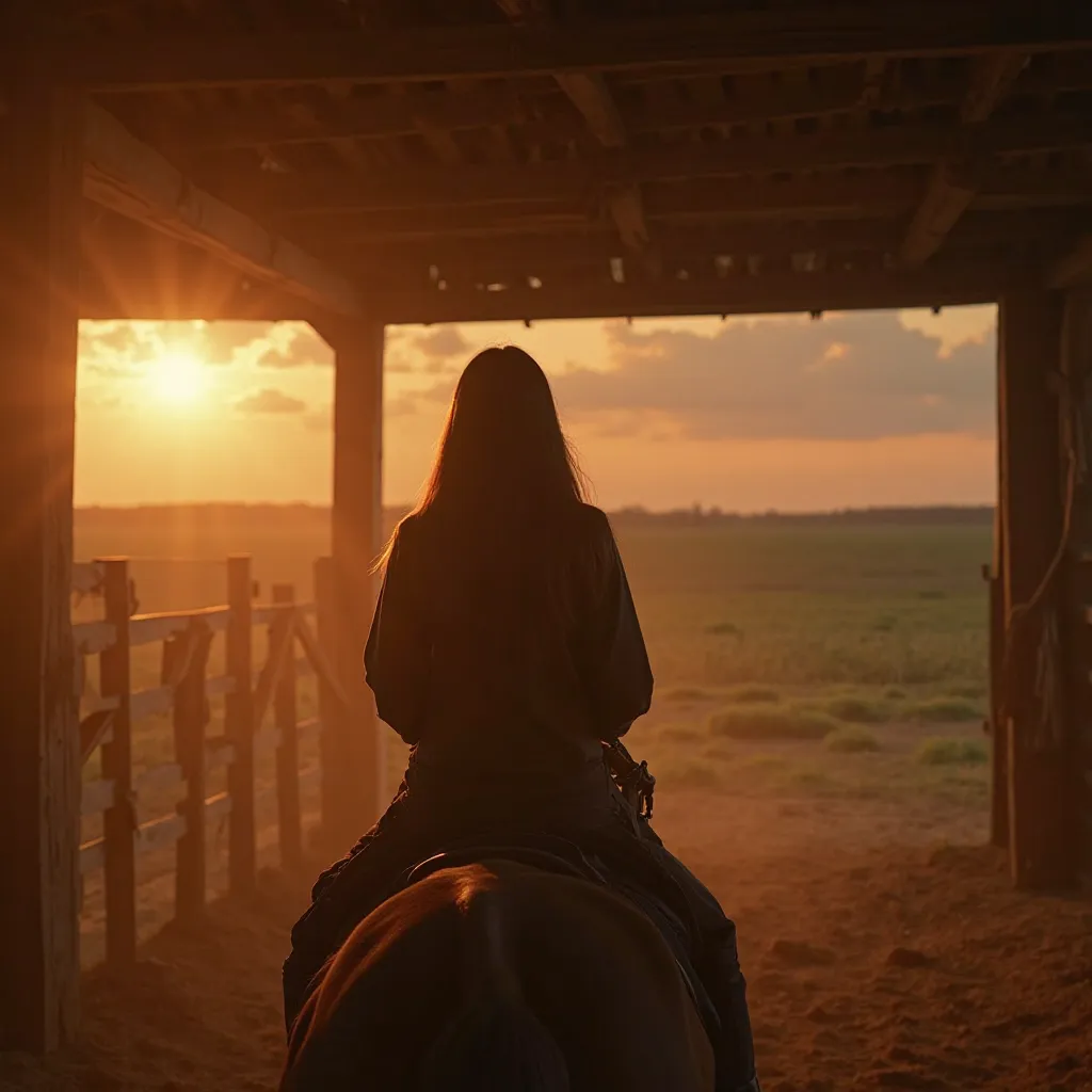 Cinematic style real photo 4K of Beautiful young pale ivory skin German woman, Bright Golden Eyes, long straight black hair Riding a horse inside a large wooden stable, illuminated by the warm light of a golden sunset. The sun filters through the beams, ca...