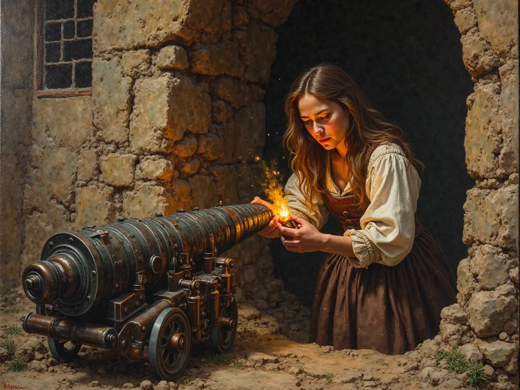 creates a painting in the style of the painter caravaggio of a young woman lighting the fuse of an artillery cannon, in a rock fortreriverss with a window showing a . 