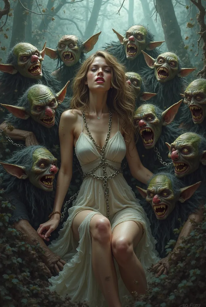 A beautiful woman has been chained , and many goblins and orcs out there , panicked woman , goblins are banging her