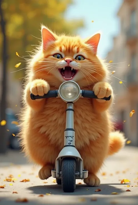 "A fluffy, fat, orange cat riding a scooter while meowing. The cat has a playful and expressive face, with its mouth open as if making 'meow' sounds. The scene is fun and lively, with motion effects showing the scooter moving. The background is a bright an...