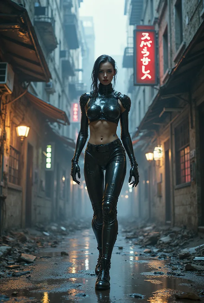 A female cyborg in an alley.