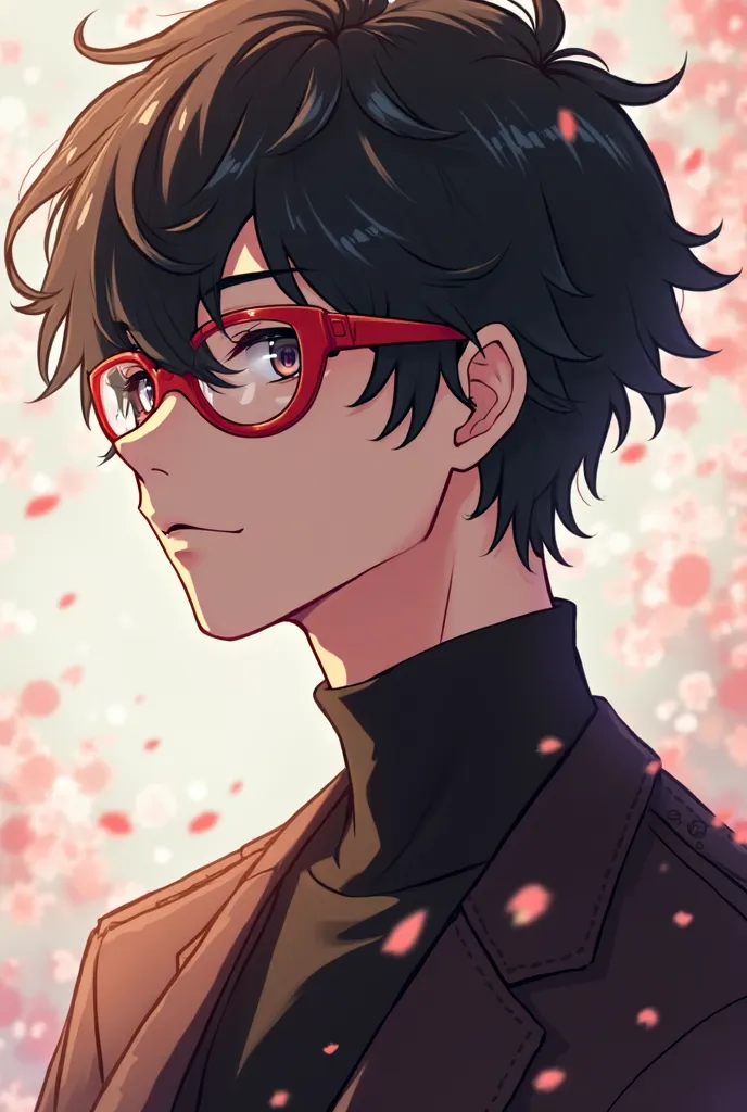 Create an anime image of a 20-year-old man who has dark hair and eyes and wears red glasses 