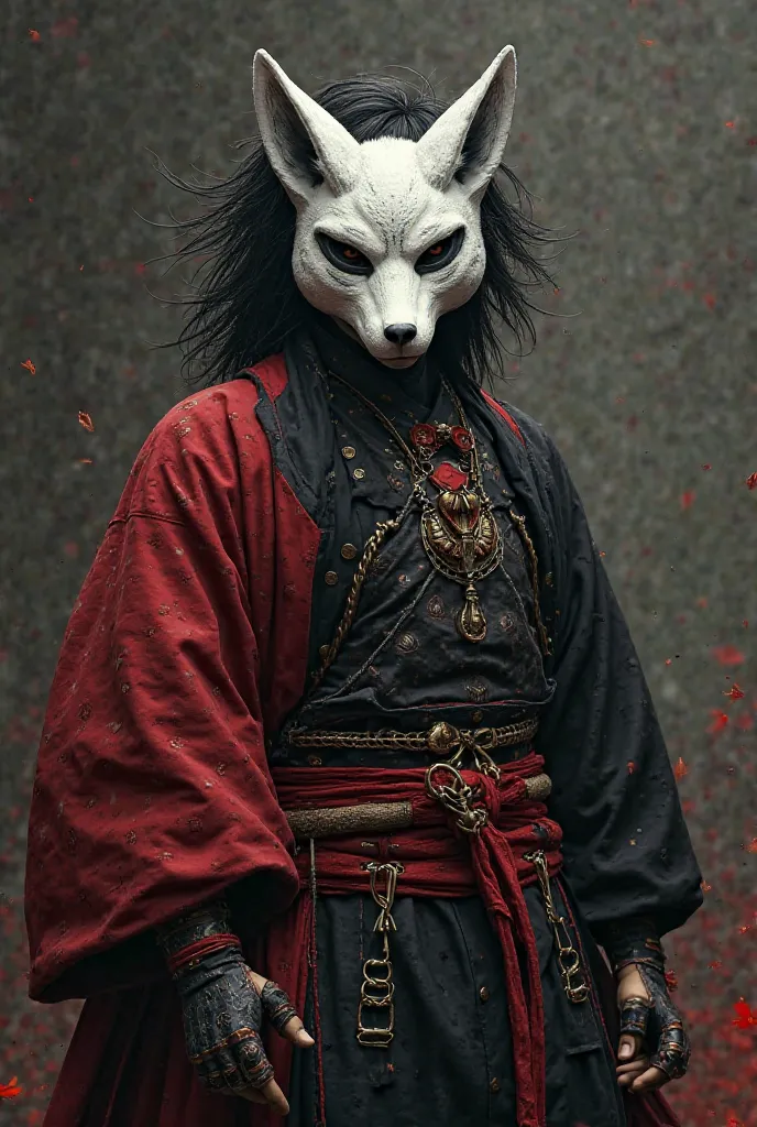 a Samurai, with white fox mask, with red and gold details and black eyes,Your samurai costume is black and red, his hair is messy black and slightly long 