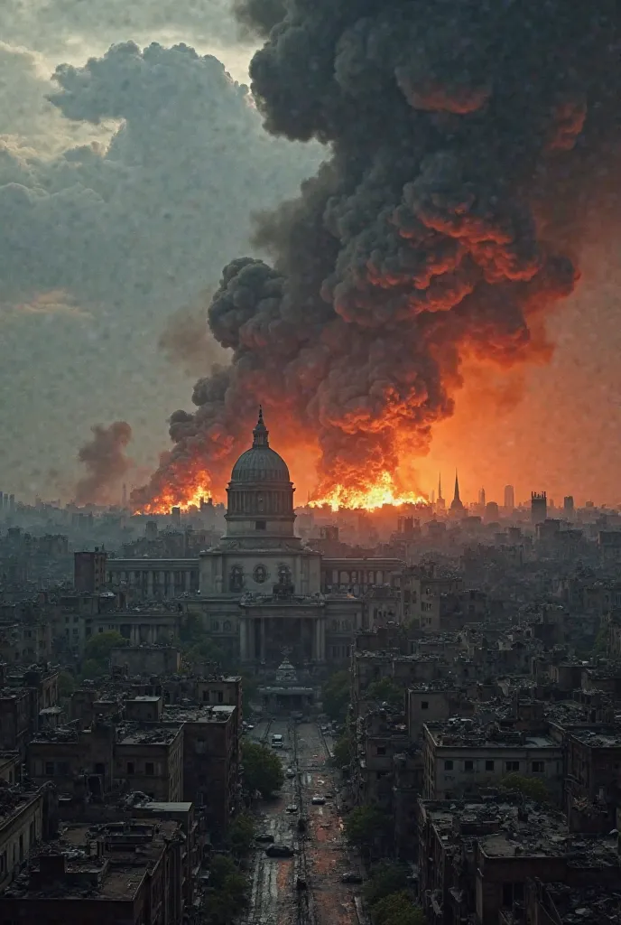 Look for an image of a World War II bombing, with a ruined city or countryside and smoke. Images with dark skies, destroyed buildings and fire in the background will convey the tension and destruction of the event.