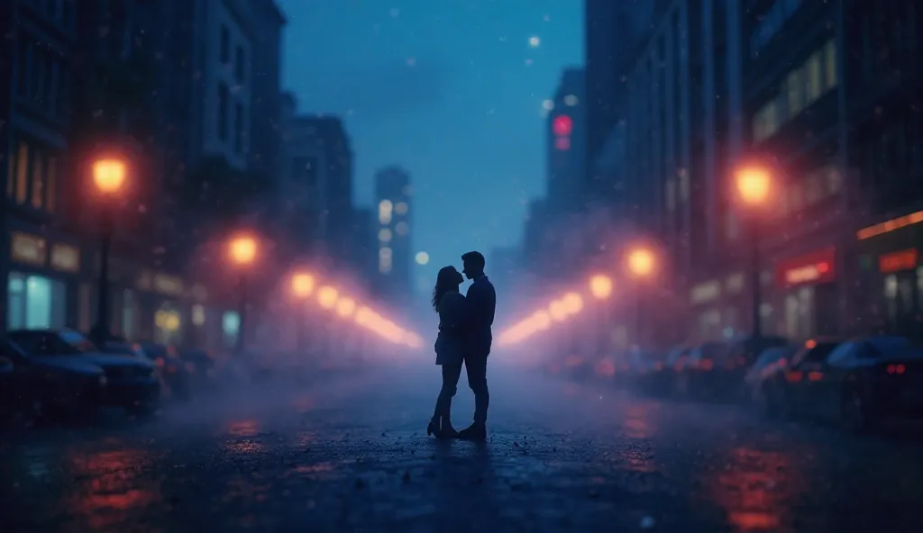 "A dreamy, cinematic night cityscape with soft, glowing streetlights and a mysterious, romantic ambiance. The background features deep blue and purple hues, blurred city lights creating a hypnotic bokeh effect, and a subtle mist in the air. A silhouette of...