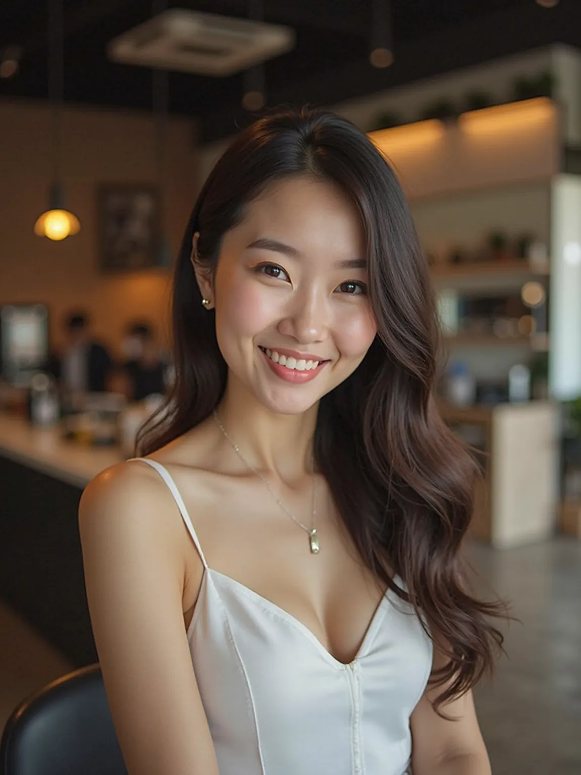  35 year old Chinese woman is taking a selfie in the background of a cafe shop, white skin, Nice face. Super realistic, Natural Skin.  office room background.
