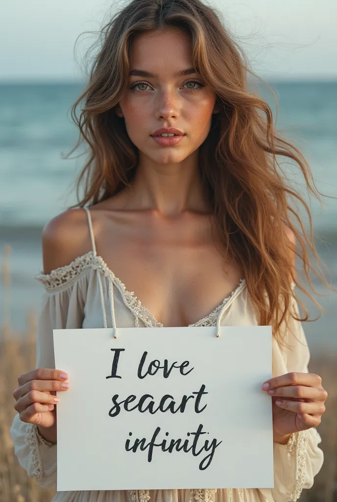 Beautiful girl with wavy long hair, bohemian dress, holding a white board with text "I Love Seaart Infinity" and showing it to the viewer