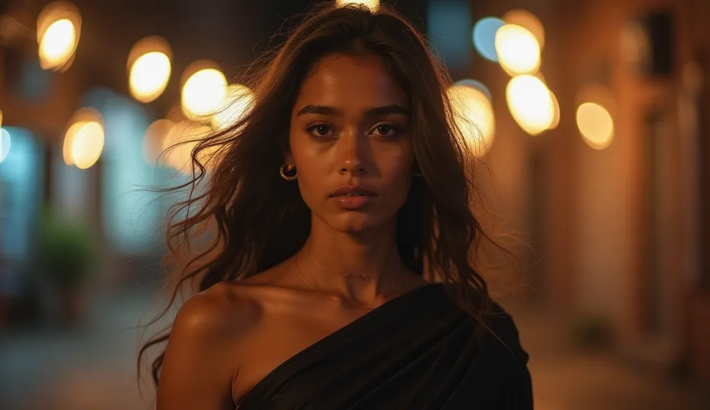 A mesmerizing young woman with captivating eyes, wearing a sleek black dress or an elegant saree, standing under soft, glowing streetlights. Her expression is a mix of mystery and allure, with her hair flowing gently in the night breeze. The scene has a ci...