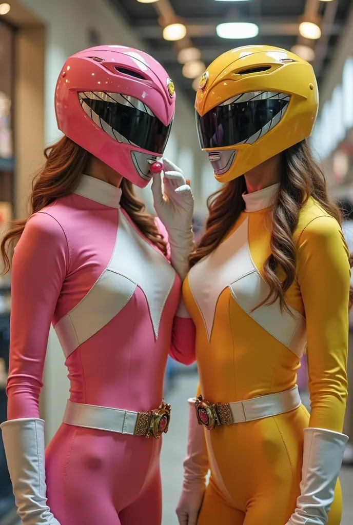  wear sexy pink and yellow Power Ranger costumes, helmets, and white gloves、 Two women attacking a jewelry store ,  penis in my mouth with a round bulging crotch