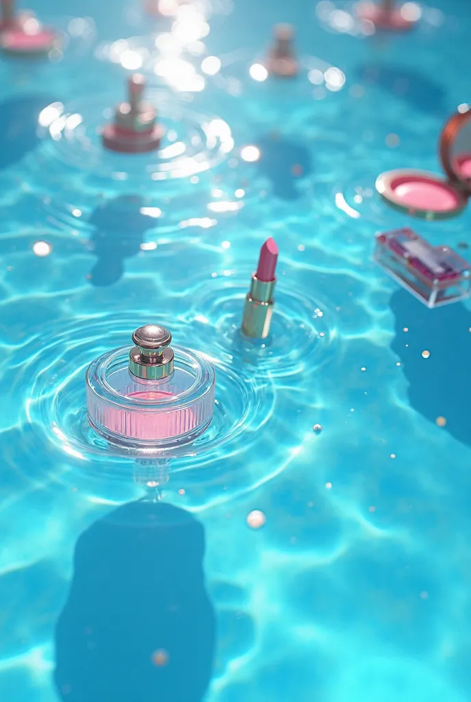 Cosmetics are in clear blue water