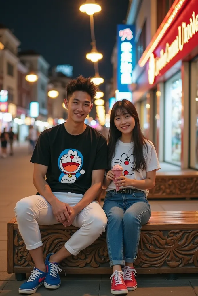 Professional photo shows a handsome man with spiky hair in white undercut metalix faced asian 20 years old wearing a black t-shirt layered over a blue box motif casual shirt , wearing white short cargo pants and blue sneakers, in the company of a beautiful...