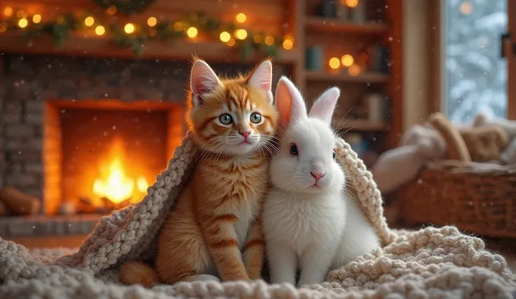 A cute orange kitten with big green eyes and a fluffy white rabbit sitting together under a warm knitted blanket, snuggling near a glowing fireplace. The wooden cabin interior is beautifully decorated with fairy lights, bookshelves, and cozy furniture. The...