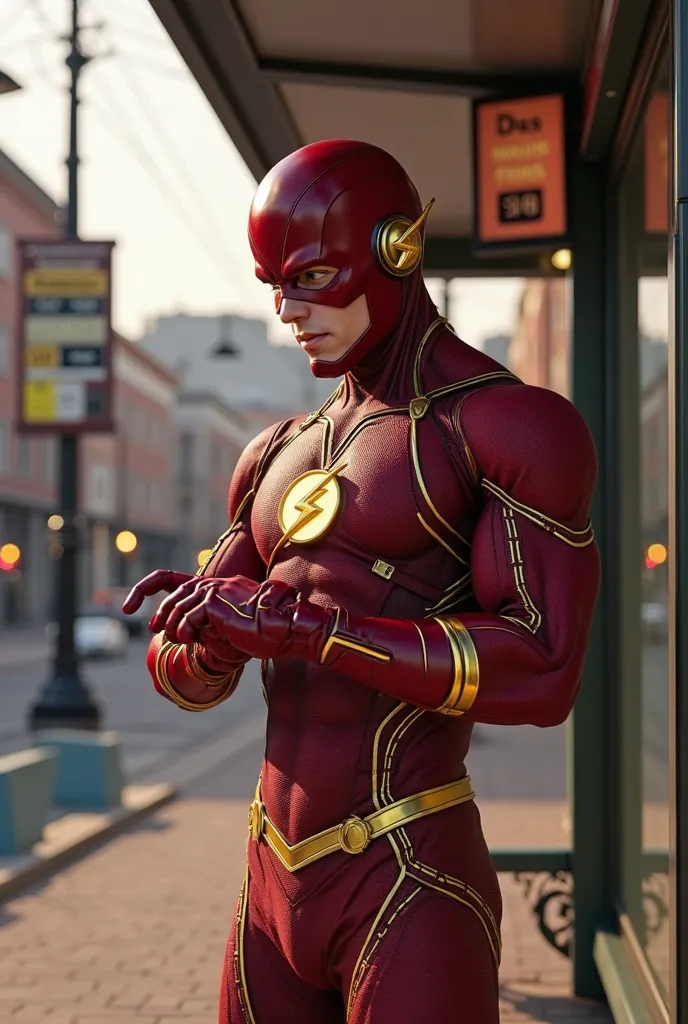 The Flash standing at a bus stop, looking at his wristwatch with a concerned expression. The setting is an urban environment, with realistic CGI details such as streetlights, a bench, and a bus schedule sign in the background. The scene has natural lightin...