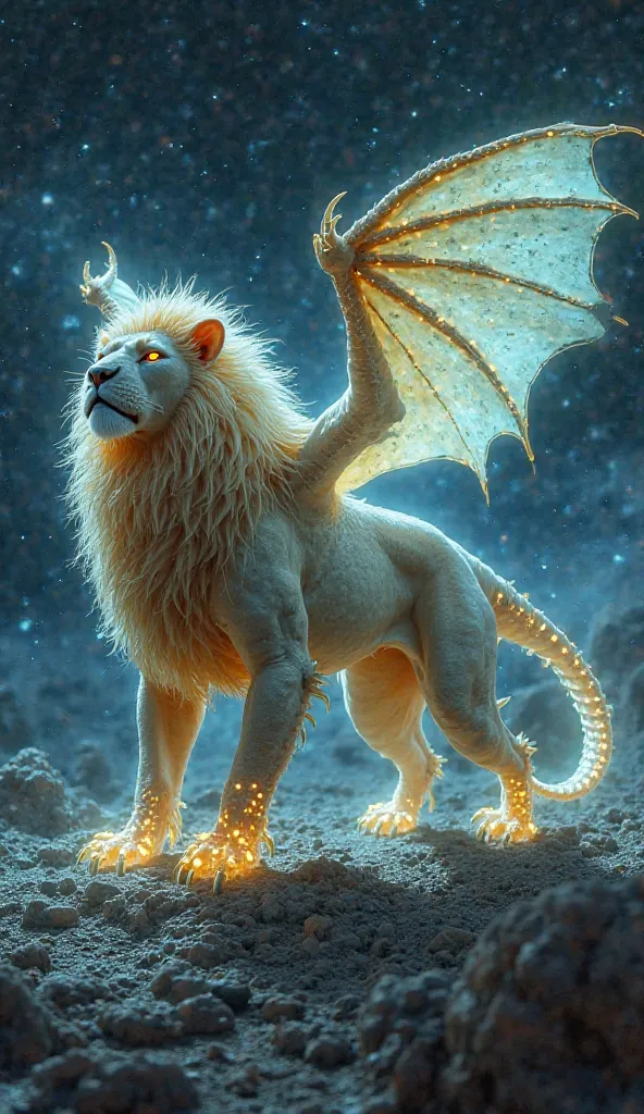 This creature is a hybrid of a lion's body, a dragon’s massive wings, and an octopus’s long, glowing tentacle tail. Its lion body is muscular and powerful, while the dragon wings are large and imposing. The octopus tentacles glow brightly, adding an extra ...