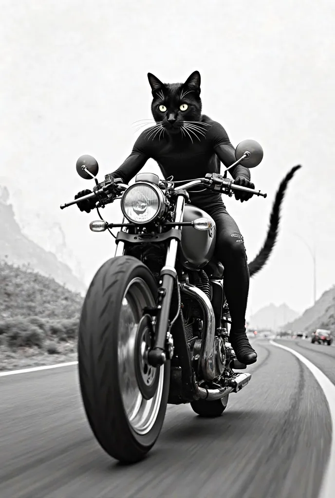 Black and white cat riding motorcycles